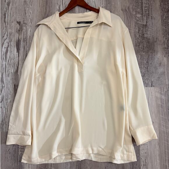 Lauren Ralph Lauren Women’s 2X Cream Split Neck Long Sleeve Blouse Classic - Picture 1 of 10